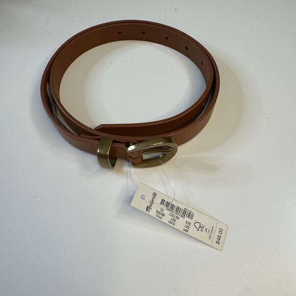 NWT MADEWELL Chunky Buckle Skinny Leather Belt Brown Gold  XS - Picture 2 of 6